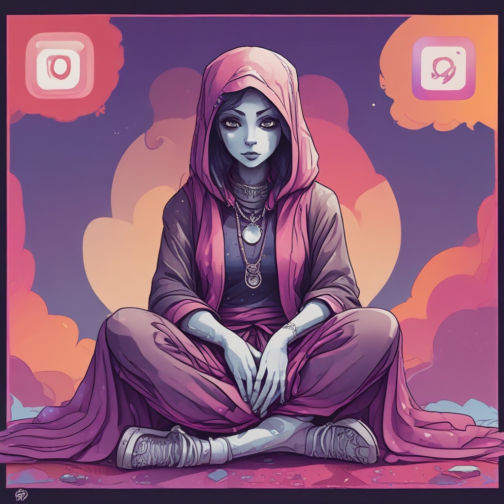 Animated character in veiled clothing sitting on the Instagram logo